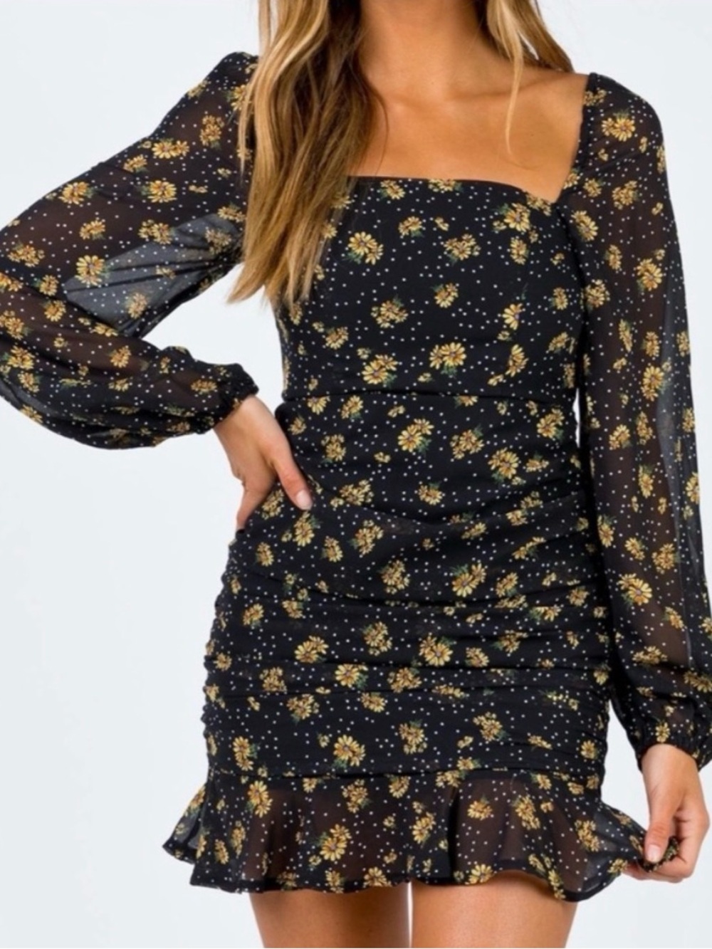 Princess Polly Black Sunflower Parvati Mini Dress with Sheer Balloon Sleeves